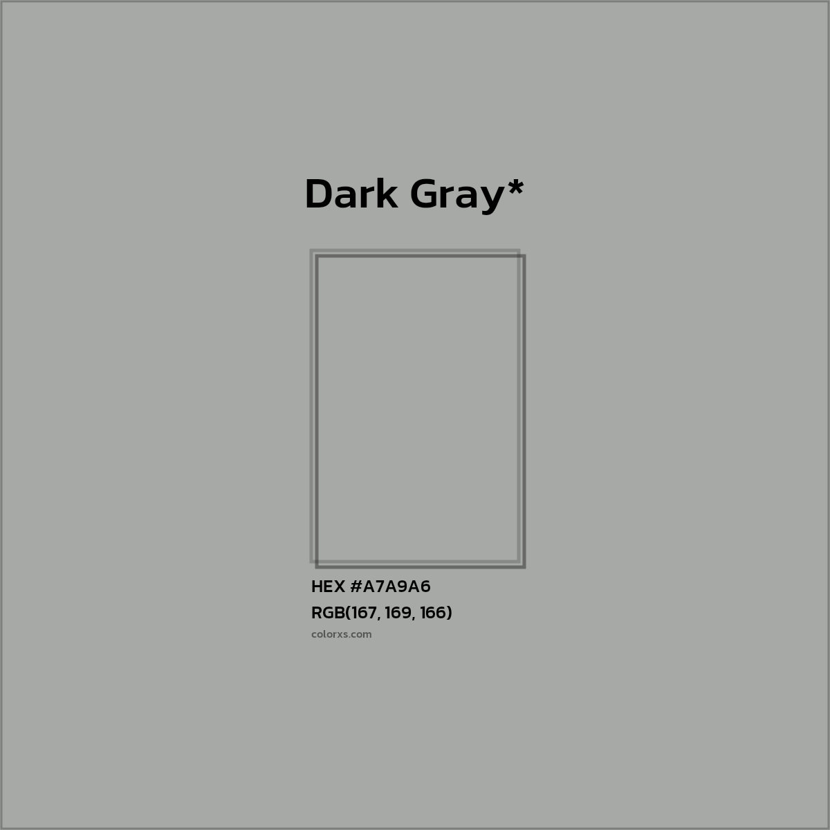 #A7A9A6 hex color. RGB, RYB, CMYK, HSL, HSV codes and color conversions. Matching color names, palettes, paints.