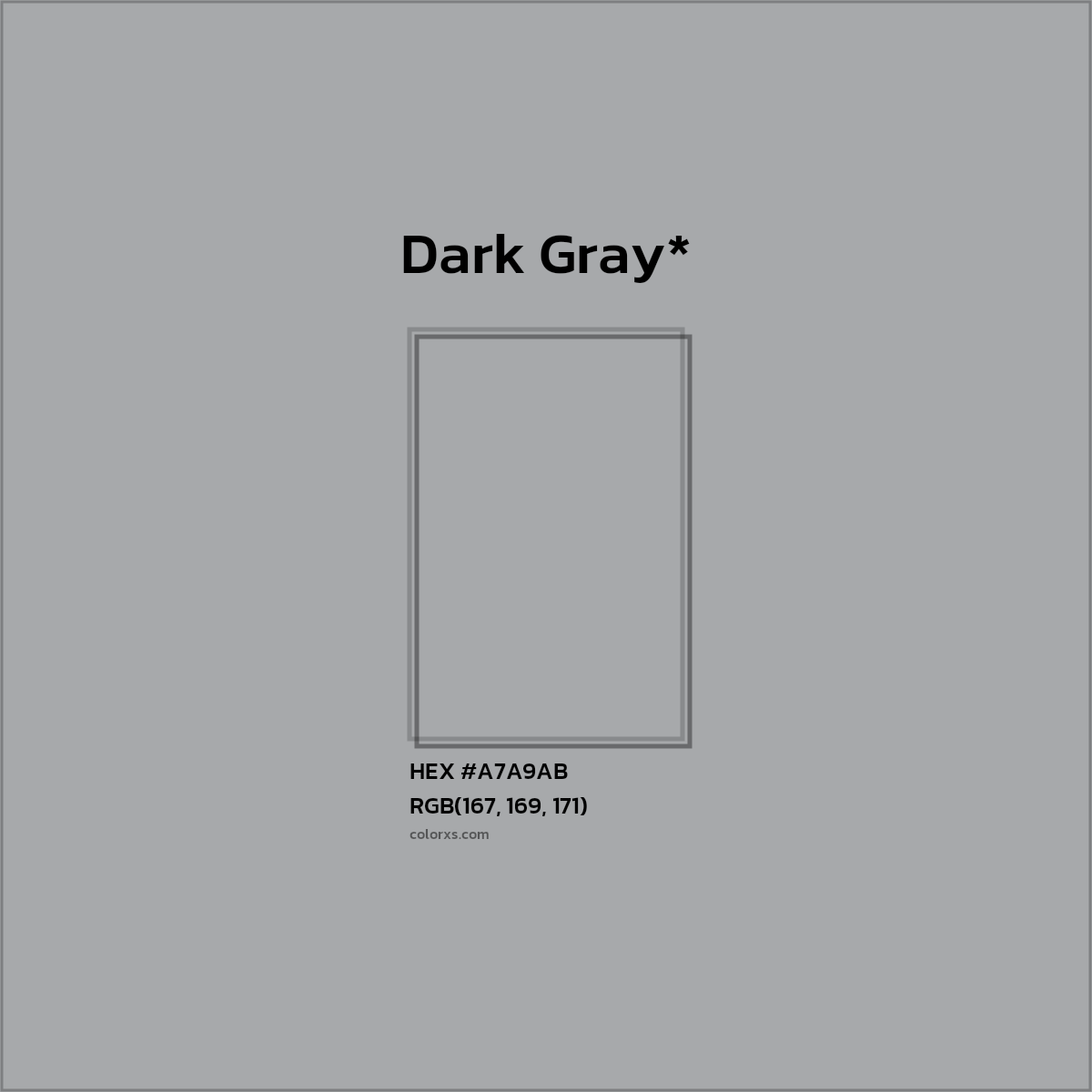 #A7A9AB hex color. RGB, RYB, CMYK, HSL, HSV codes and color conversions. Matching color names, palettes, paints.
