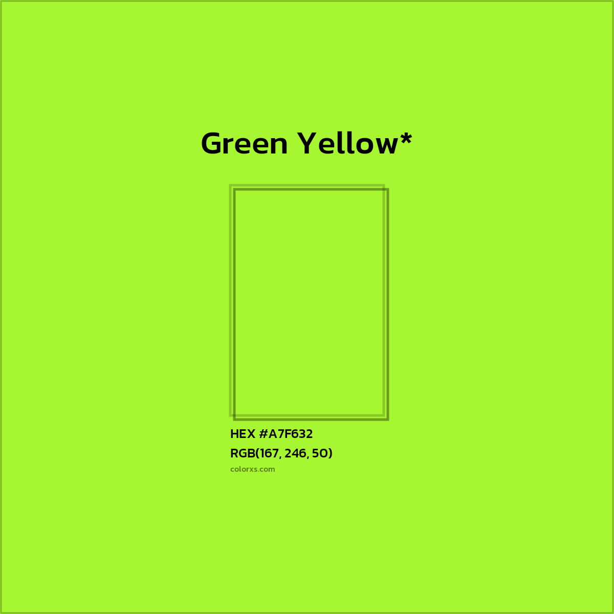 #A7F632 hex color. RGB, RYB, CMYK, HSL, HSV codes and color conversions. Matching color names, palettes, paints.