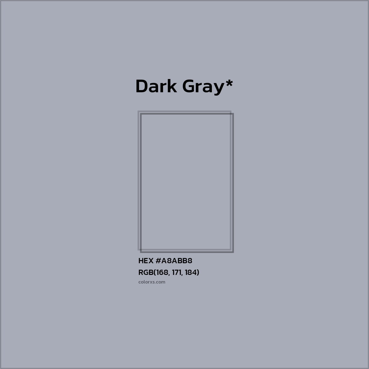 #A8ABB8 hex color. RGB, RYB, CMYK, HSL, HSV codes and color conversions. Matching color names, palettes, paints.