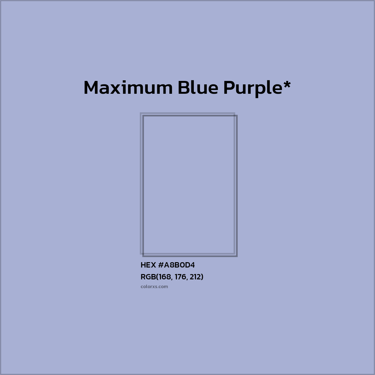 #A8B0D4 hex color. RGB, RYB, CMYK, HSL, HSV codes and color conversions. Matching color names, palettes, paints.
