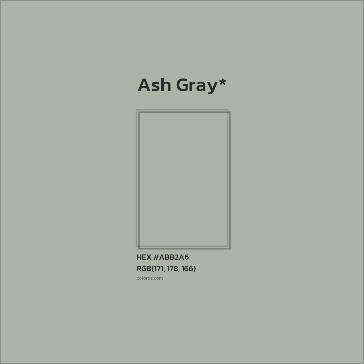 #ABB2A6 hex color. RGB, RYB, CMYK, HSL, HSV codes and color conversions. Matching color names, palettes, paints.