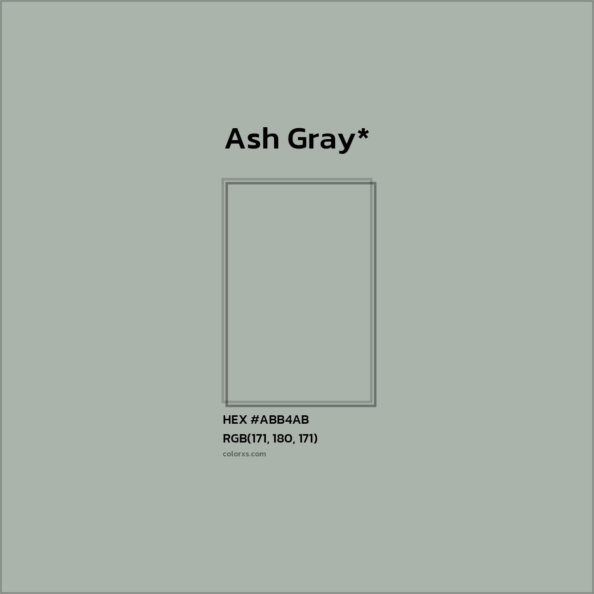 #ABB4AB hex color. RGB, RYB, CMYK, HSL, HSV codes and color conversions. Matching color names, palettes, paints.