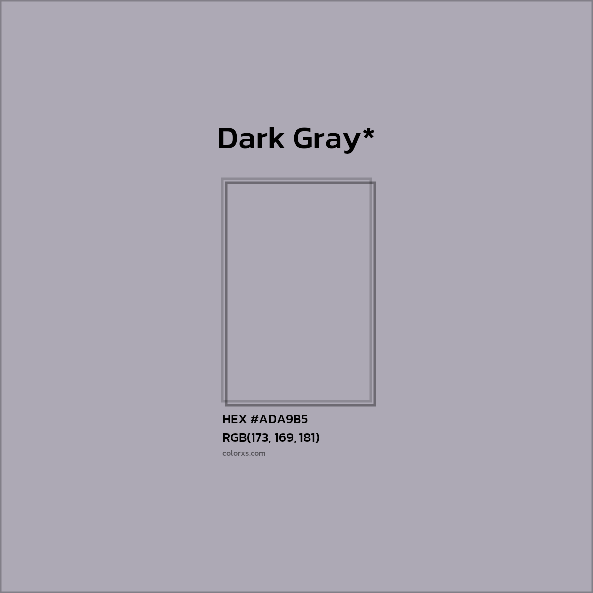 #ADA9B5 hex color. RGB, RYB, CMYK, HSL, HSV codes and color conversions. Matching color names, palettes, paints.