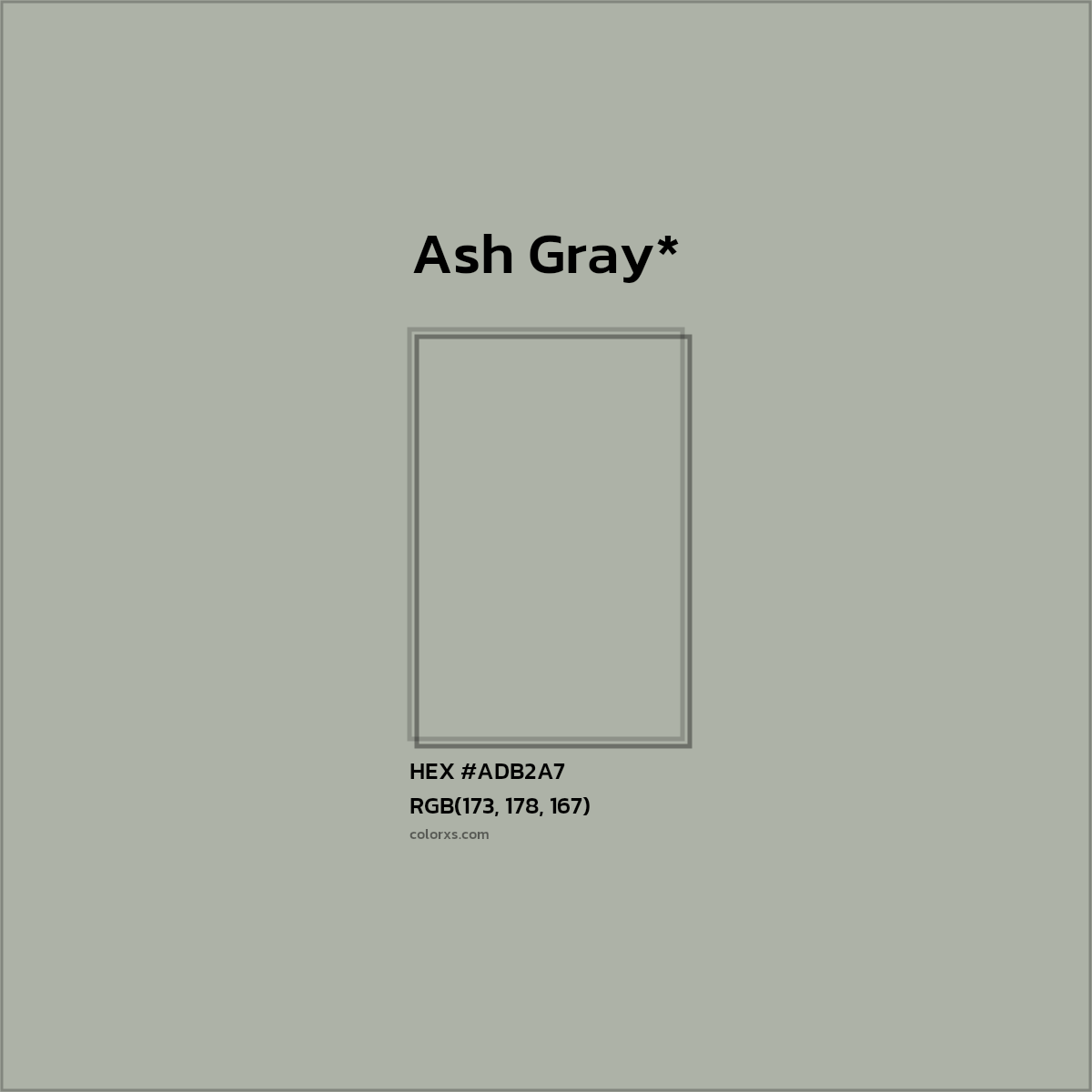 #ADB2A7 hex color. RGB, RYB, CMYK, HSL, HSV codes and color conversions. Matching color names, palettes, paints.