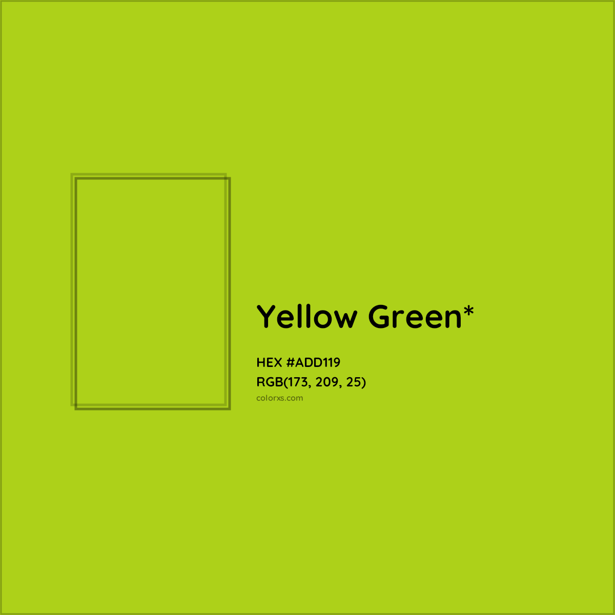 #ADD119 hex color. RGB, RYB, CMYK, HSL, HSV codes and color conversions. Matching color names, palettes, paints.