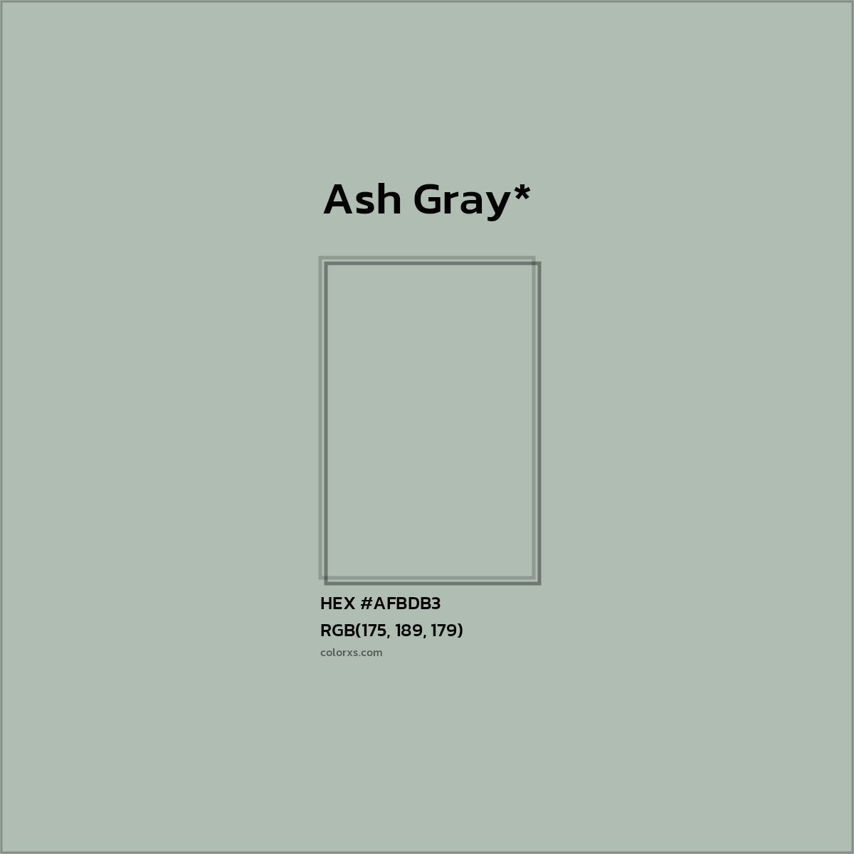 #AFBDB3 hex color. RGB, RYB, CMYK, HSL, HSV codes and color conversions. Matching color names, palettes, paints.