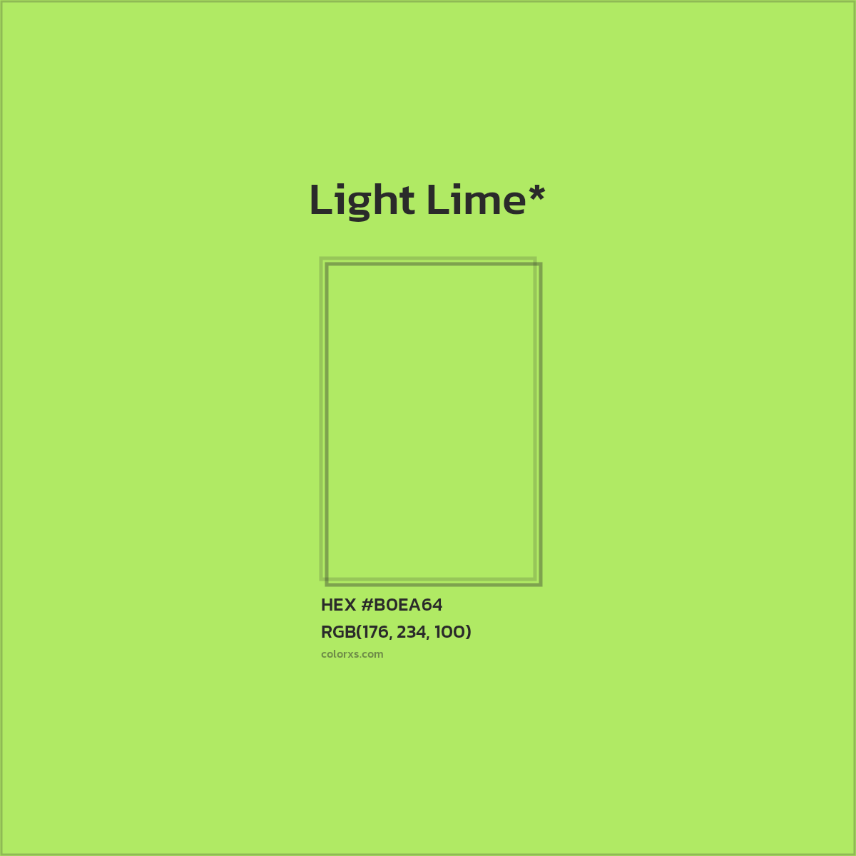#B0EA64 hex color. RGB, RYB, CMYK, HSL, HSV codes and color conversions. Matching color names, palettes, paints.