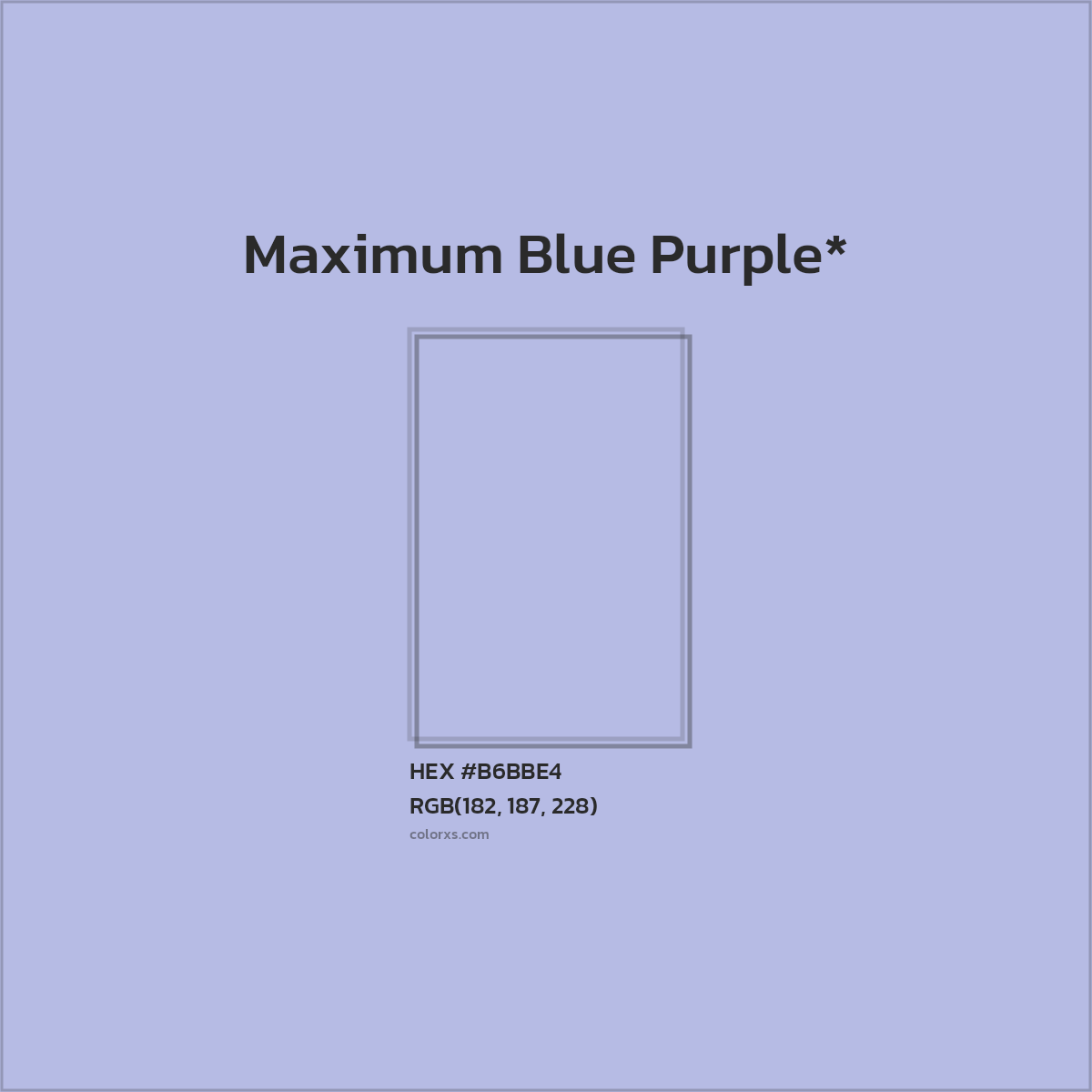 #B6BBE4 hex color. RGB, RYB, CMYK, HSL, HSV codes and color conversions. Matching color names, palettes, paints.
