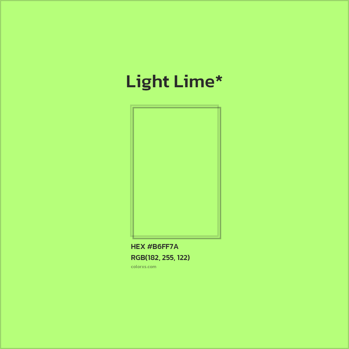 #B6FF7A hex color. RGB, RYB, CMYK, HSL, HSV codes and color conversions. Matching color names, palettes, paints.