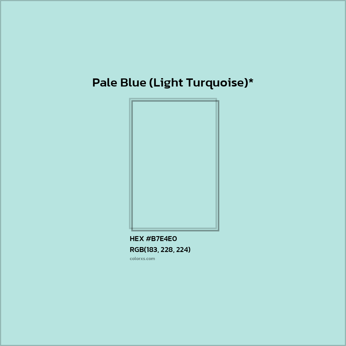 #B7E4E0 hex color. RGB, RYB, CMYK, HSL, HSV codes and color conversions. Matching color names, palettes, paints.