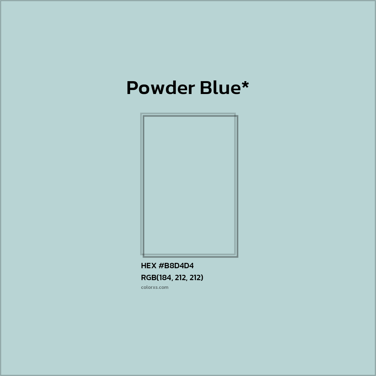 #B8D4D4 hex color. RGB, RYB, CMYK, HSL, HSV codes and color conversions. Matching color names, palettes, paints.