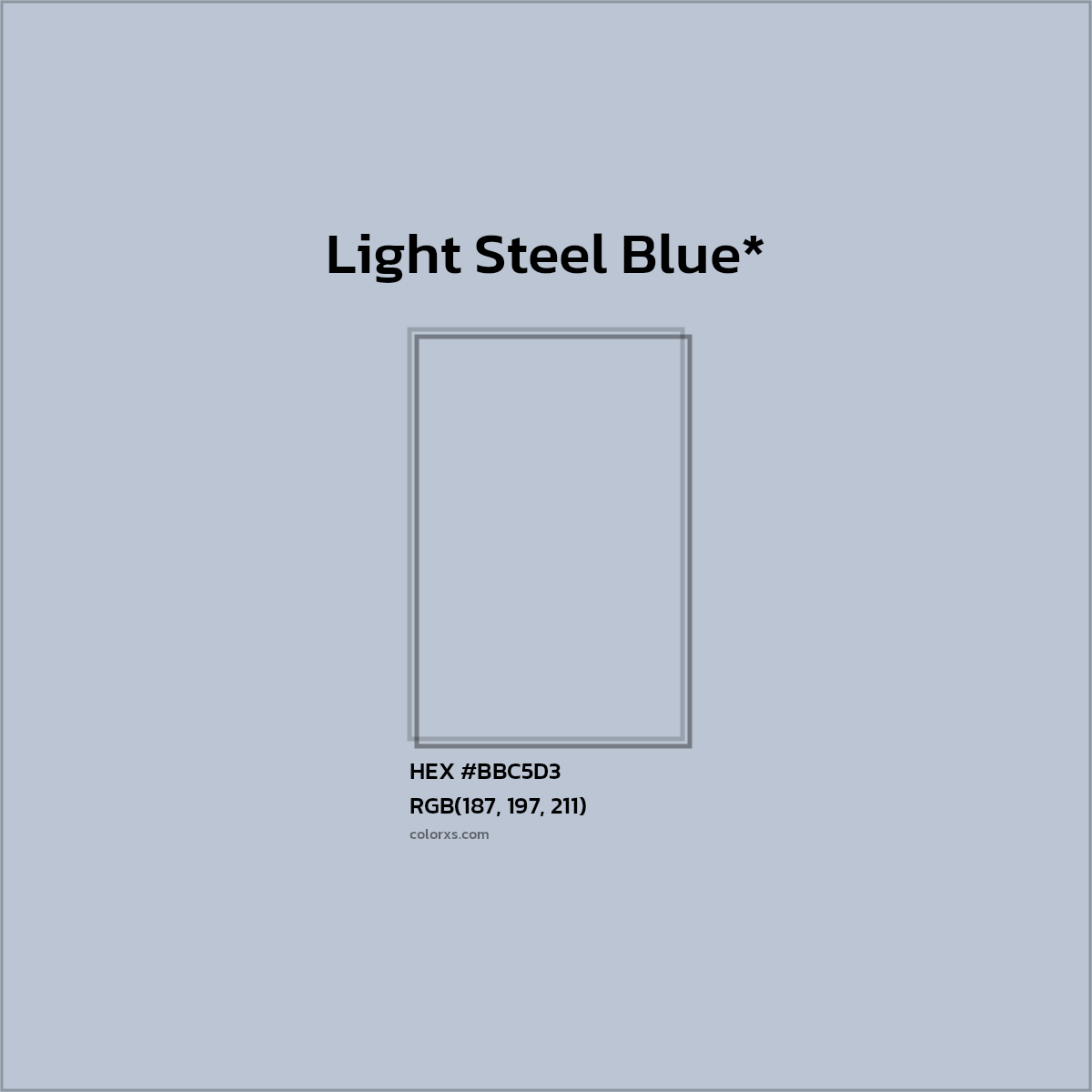 #BBC5D3 hex color. RGB, RYB, CMYK, HSL, HSV codes and color conversions. Matching color names, palettes, paints.