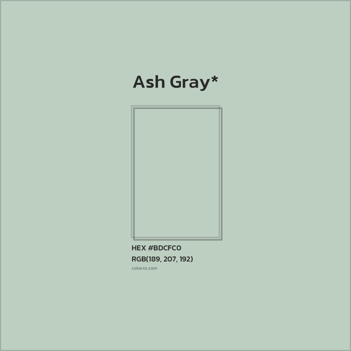 #BDCFC0 hex color. RGB, RYB, CMYK, HSL, HSV codes and color conversions. Matching color names, palettes, paints.
