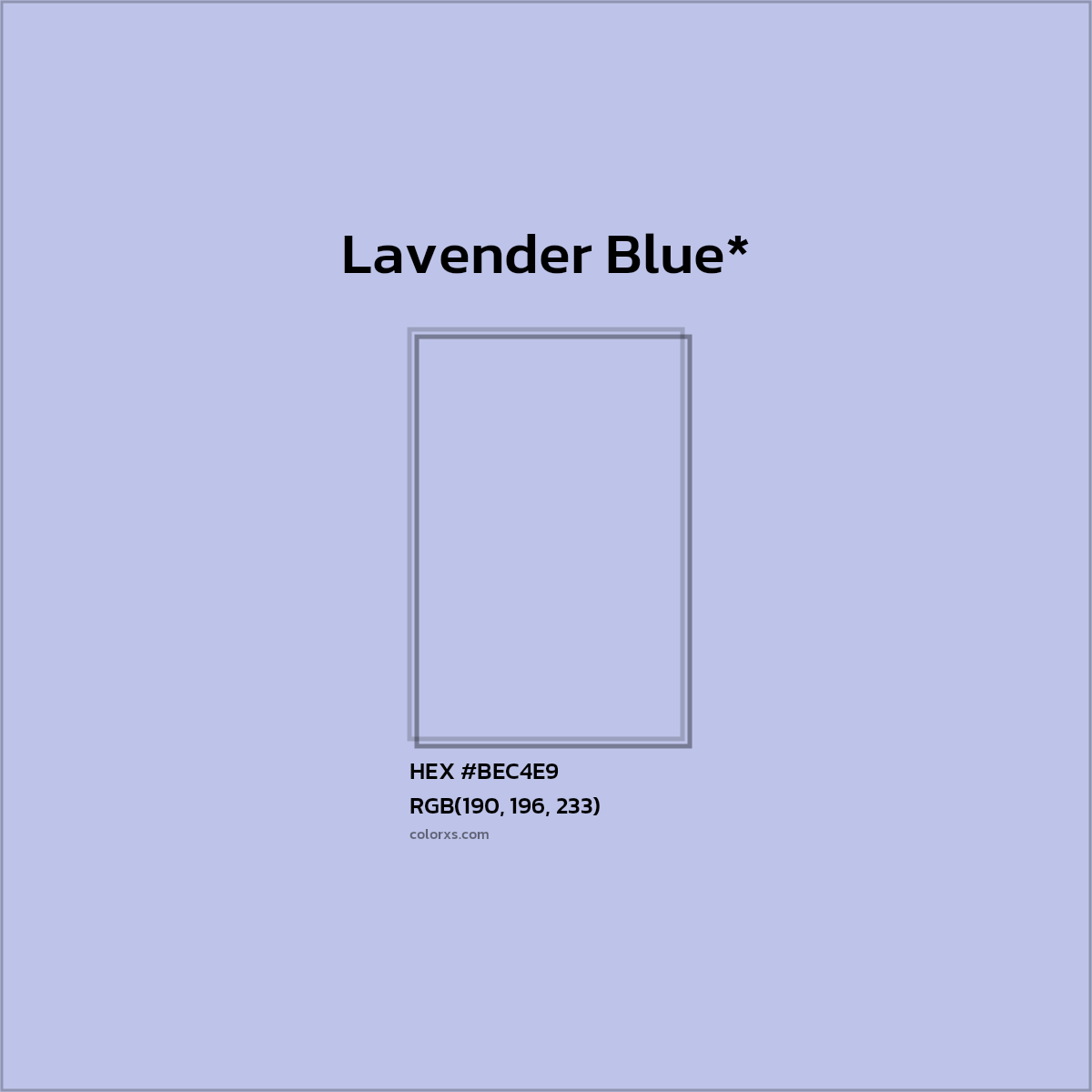 #BEC4E9 hex color. RGB, RYB, CMYK, HSL, HSV codes and color conversions. Matching color names, palettes, paints.