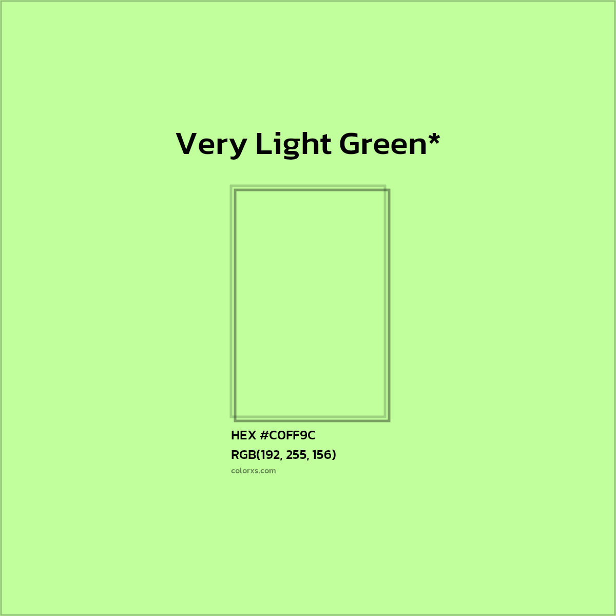 #C0FF9C hex color. RGB, RYB, CMYK, HSL, HSV codes and color conversions. Matching color names, palettes, paints.