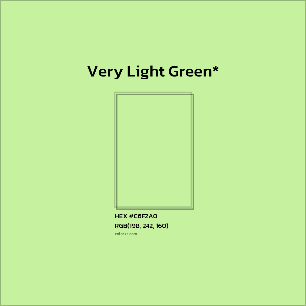 #C6F2A0 hex color. RGB, RYB, CMYK, HSL, HSV codes and color conversions. Matching color names, palettes, paints.