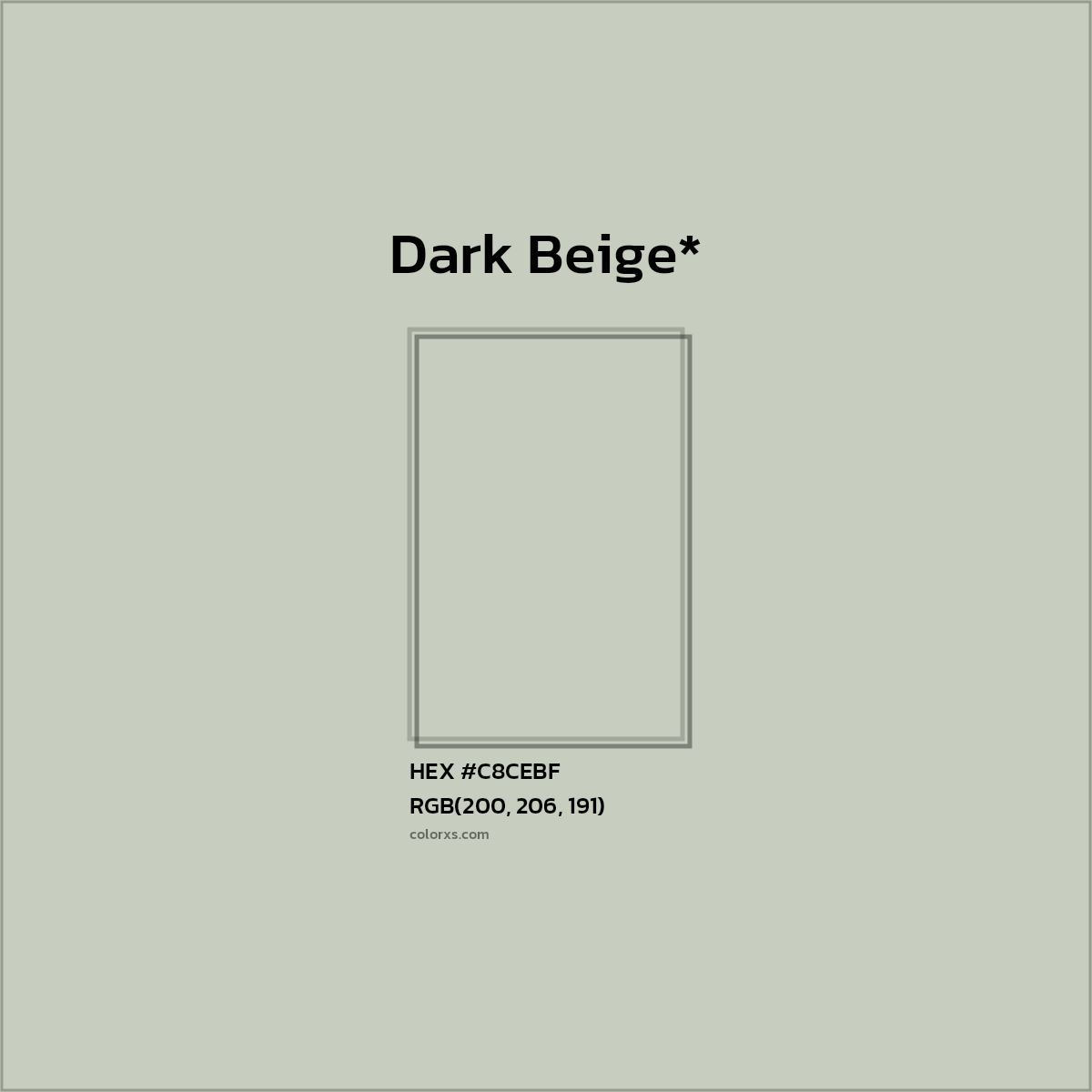 #C8CEBF hex color. RGB, RYB, CMYK, HSL, HSV codes and color conversions. Matching color names, palettes, paints.