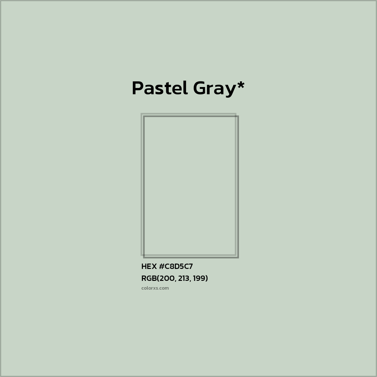 #C8D5C7 hex color. RGB, RYB, CMYK, HSL, HSV codes and color conversions. Matching color names, palettes, paints.
