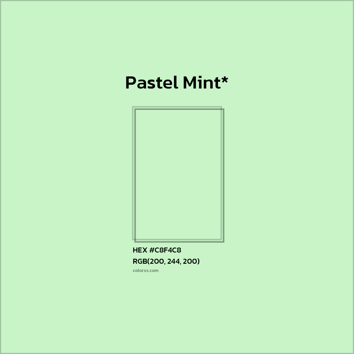 #C8F4C8 hex color. RGB, RYB, CMYK, HSL, HSV codes and color conversions. Matching color names, palettes, paints.