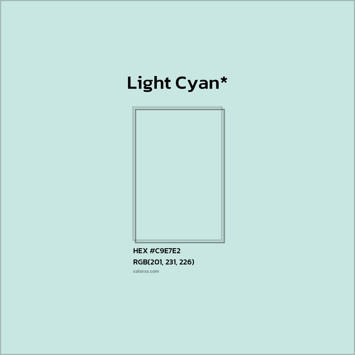 #C9E7E2 hex color. RGB, RYB, CMYK, HSL, HSV codes and color conversions. Matching color names, palettes, paints.