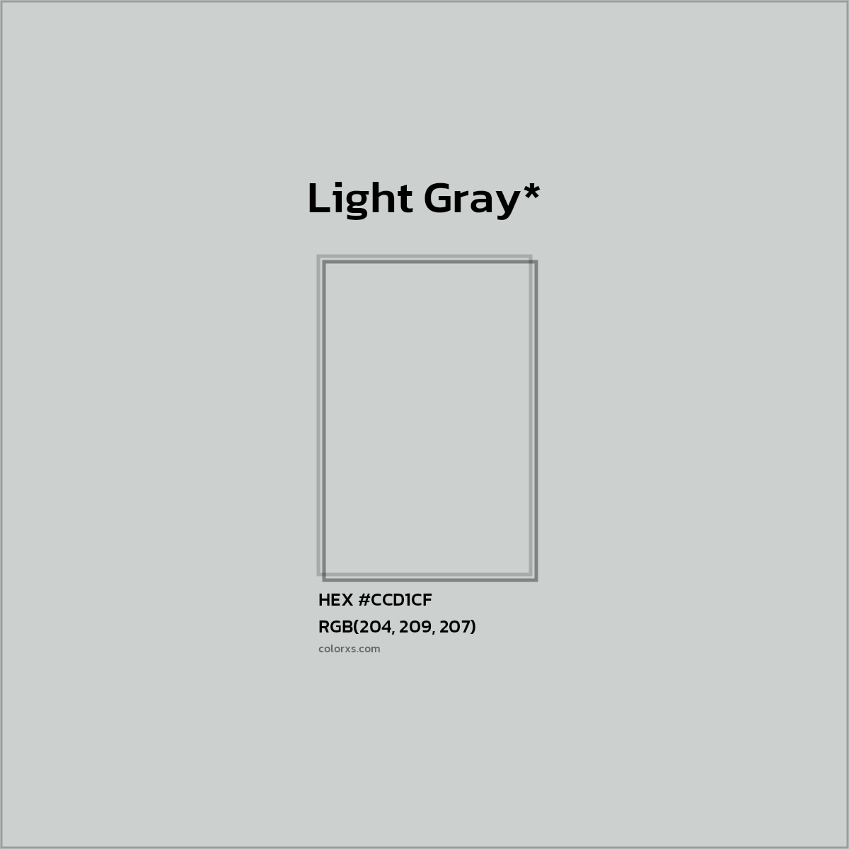 #CCD1CF hex color. RGB, RYB, CMYK, HSL, HSV codes and color conversions. Matching color names, palettes, paints.