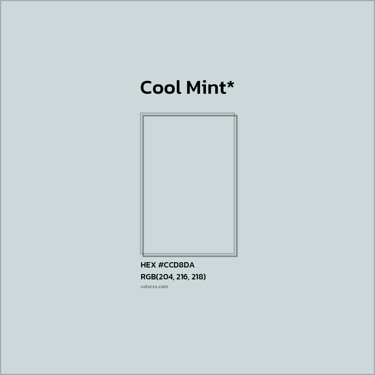 #CCD8DA hex color. RGB, RYB, CMYK, HSL, HSV codes and color conversions. Matching color names, palettes, paints.