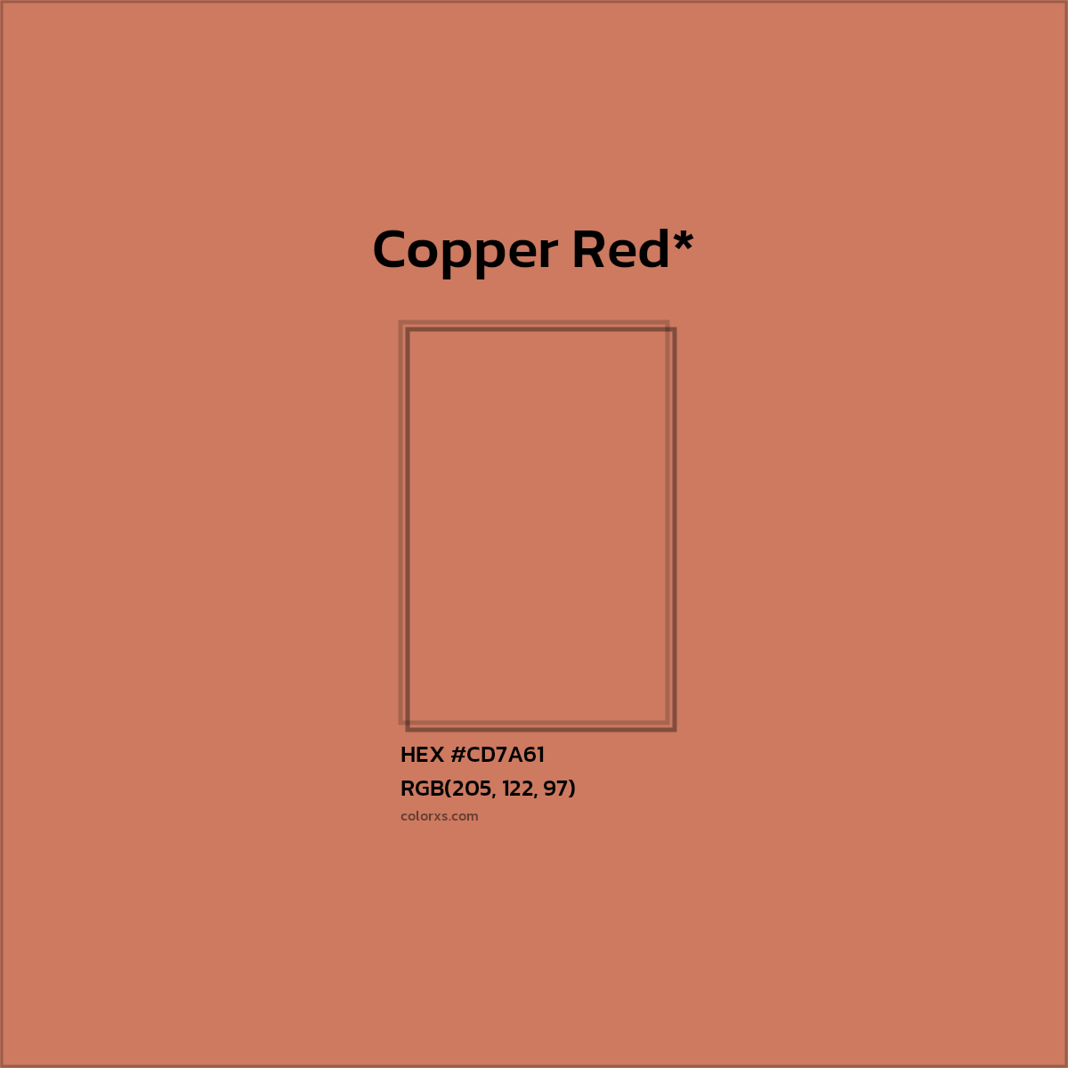 #CD7A61 hex color. RGB, RYB, CMYK, HSL, HSV codes and color conversions. Matching color names, palettes, paints.
