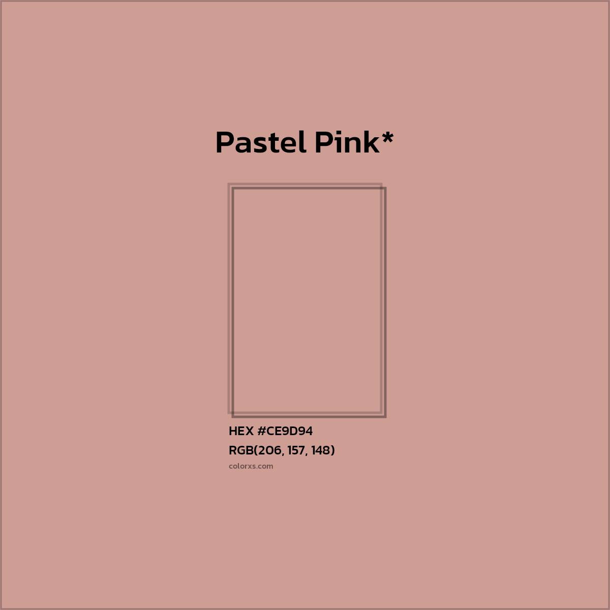 #CE9D94 hex color. RGB, RYB, CMYK, HSL, HSV codes and color conversions. Matching color names, palettes, paints.