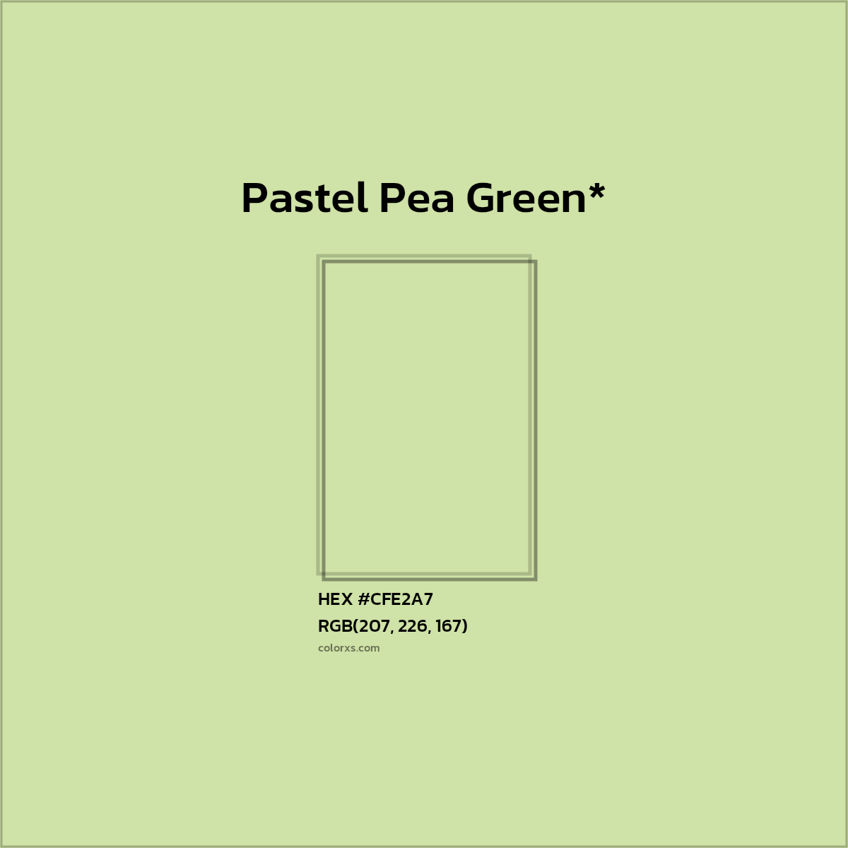 #CFE2A7 hex color. RGB, RYB, CMYK, HSL, HSV codes and color conversions. Matching color names, palettes, paints.