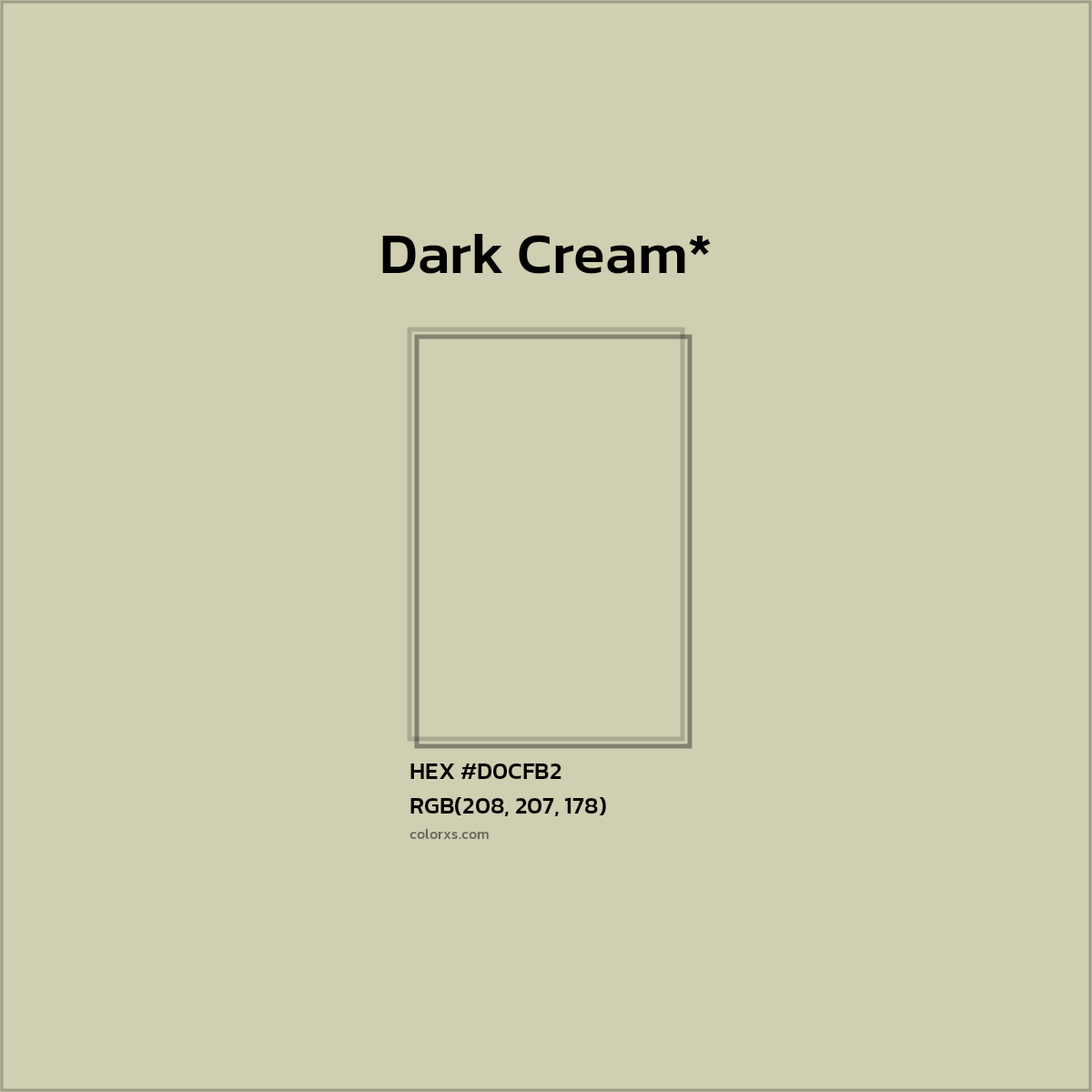 #D0CFB2 hex color. RGB, RYB, CMYK, HSL, HSV codes and color conversions. Matching color names, palettes, paints.