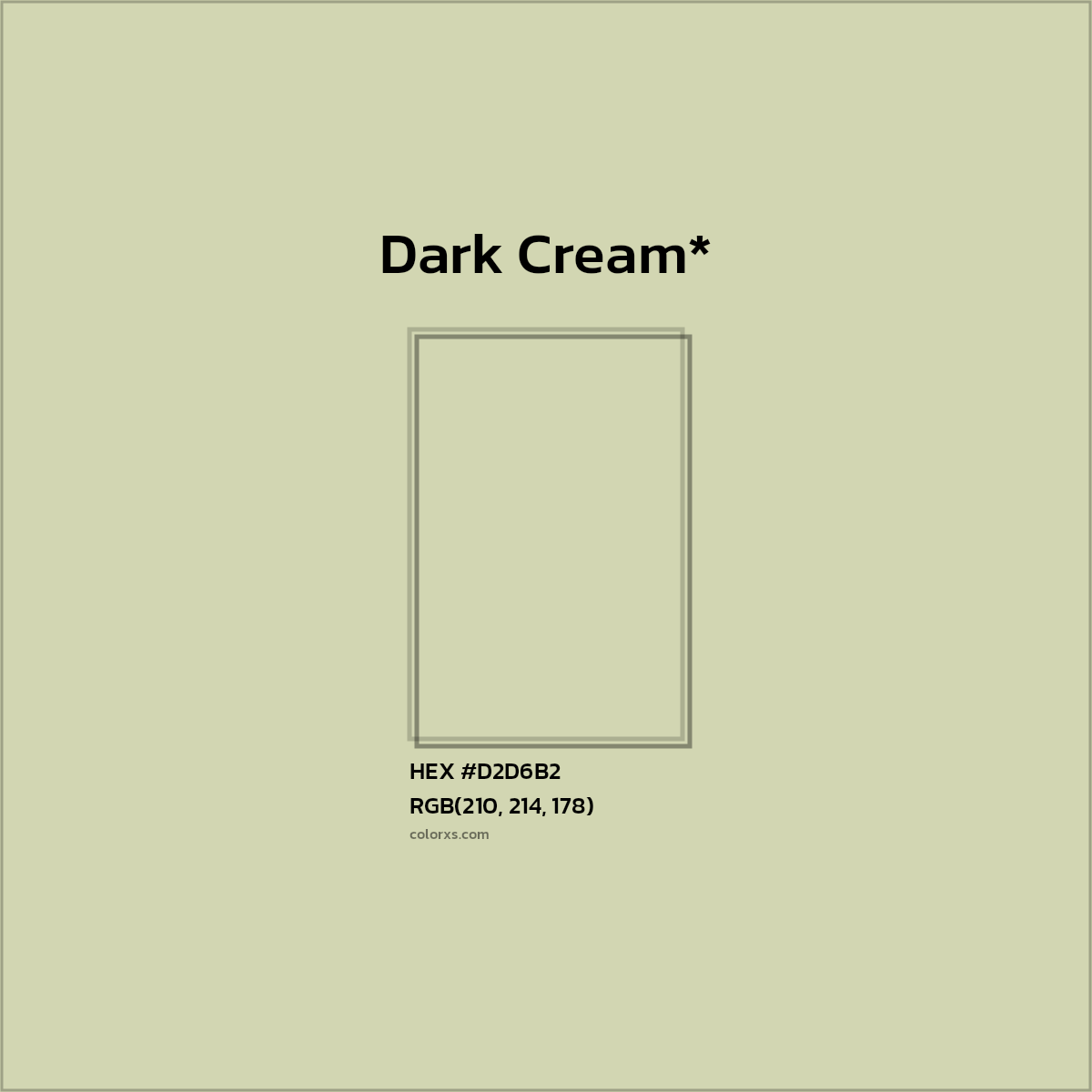 #D2D6B2 hex color. RGB, RYB, CMYK, HSL, HSV codes and color conversions. Matching color names, palettes, paints.