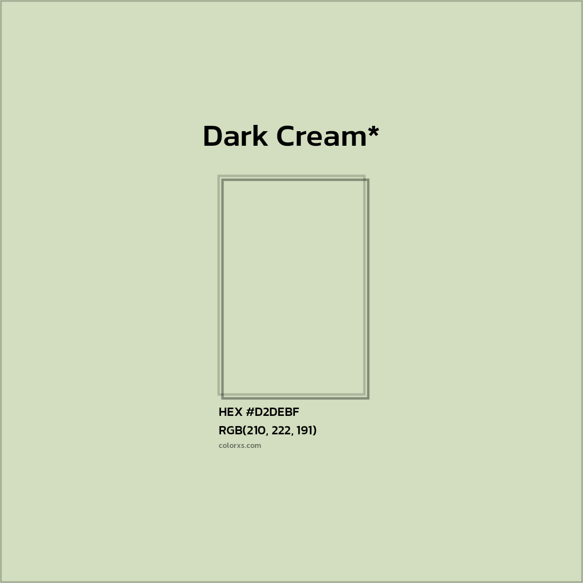 #D2DEBF hex color. RGB, RYB, CMYK, HSL, HSV codes and color conversions. Matching color names, palettes, paints.