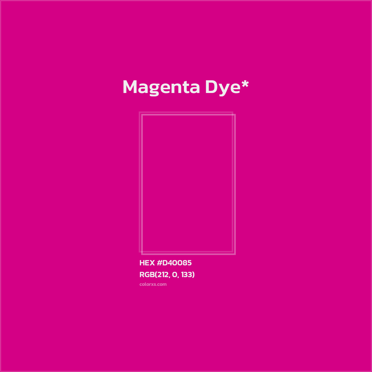 #D40085 hex color. RGB, RYB, CMYK, HSL, HSV codes and color conversions. Matching color names, palettes, paints.