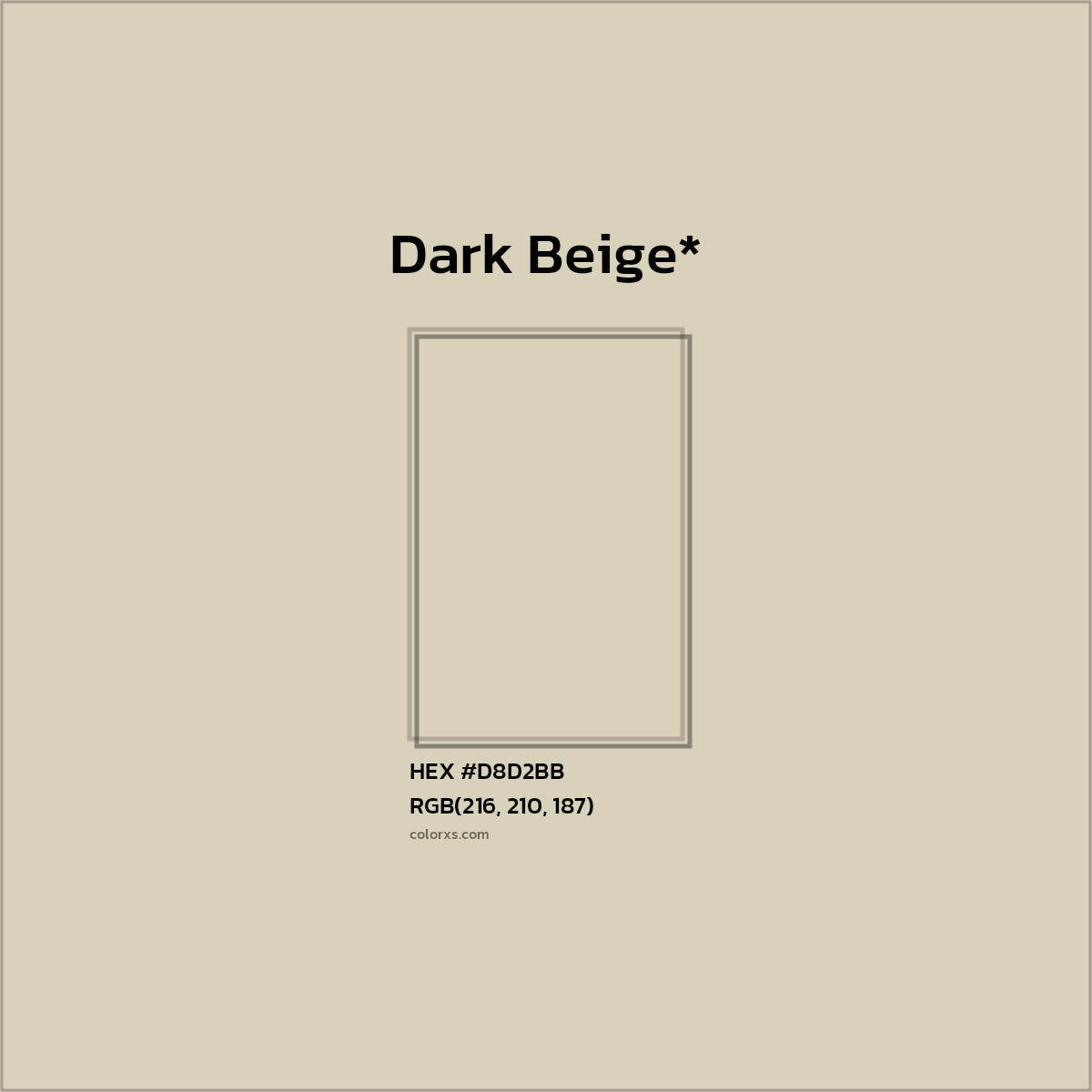 #D8D2BB hex color. RGB, RYB, CMYK, HSL, HSV codes and color conversions. Matching color names, palettes, paints.