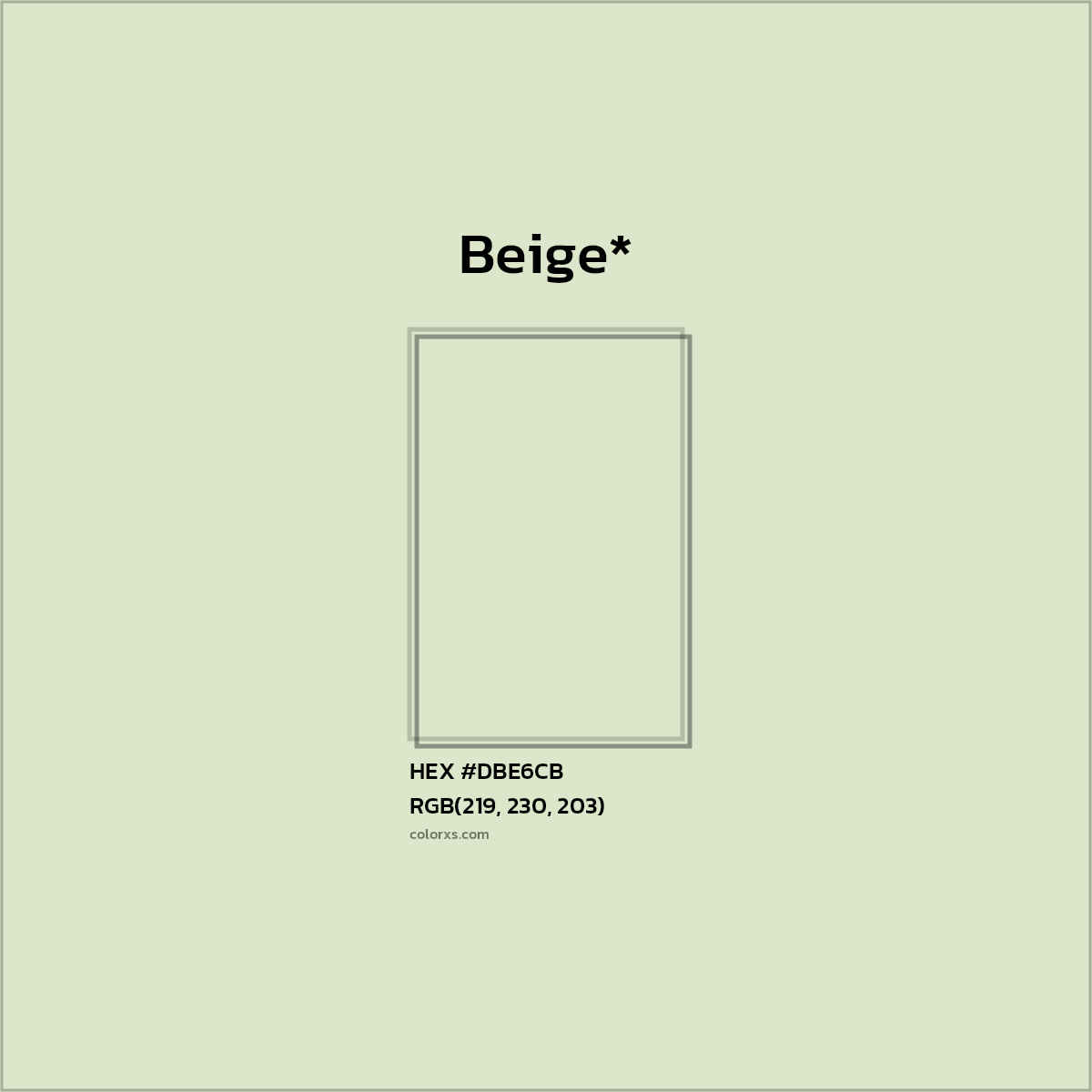 #DBE6CB hex color. RGB, RYB, CMYK, HSL, HSV codes and color conversions. Matching color names, palettes, paints.