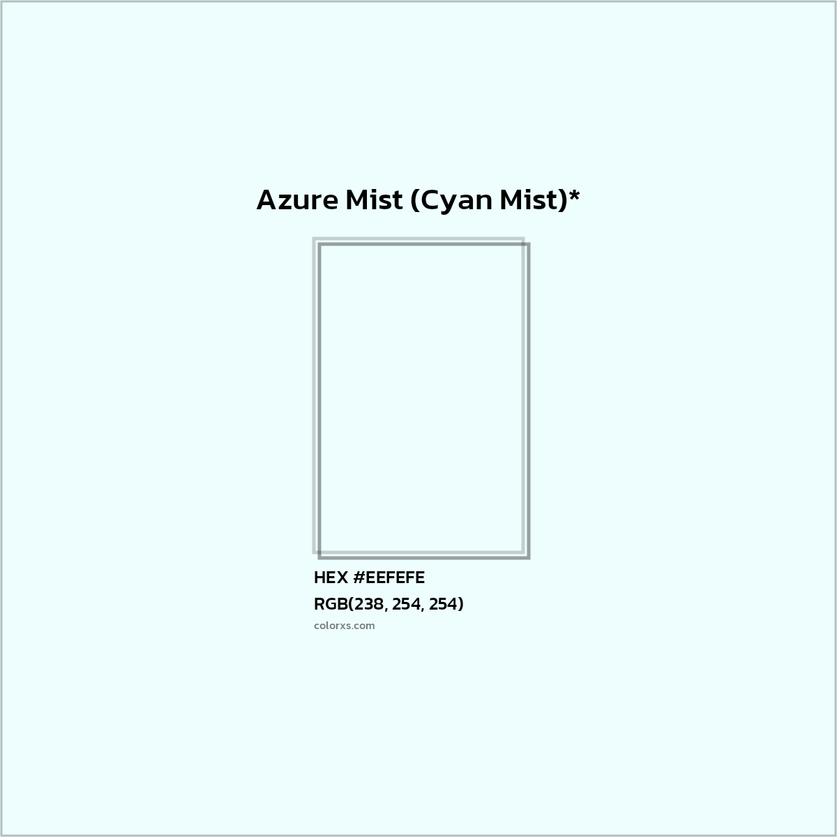 #EEFEFE hex color. RGB, RYB, CMYK, HSL, HSV codes and color conversions. Matching color names, palettes, paints.