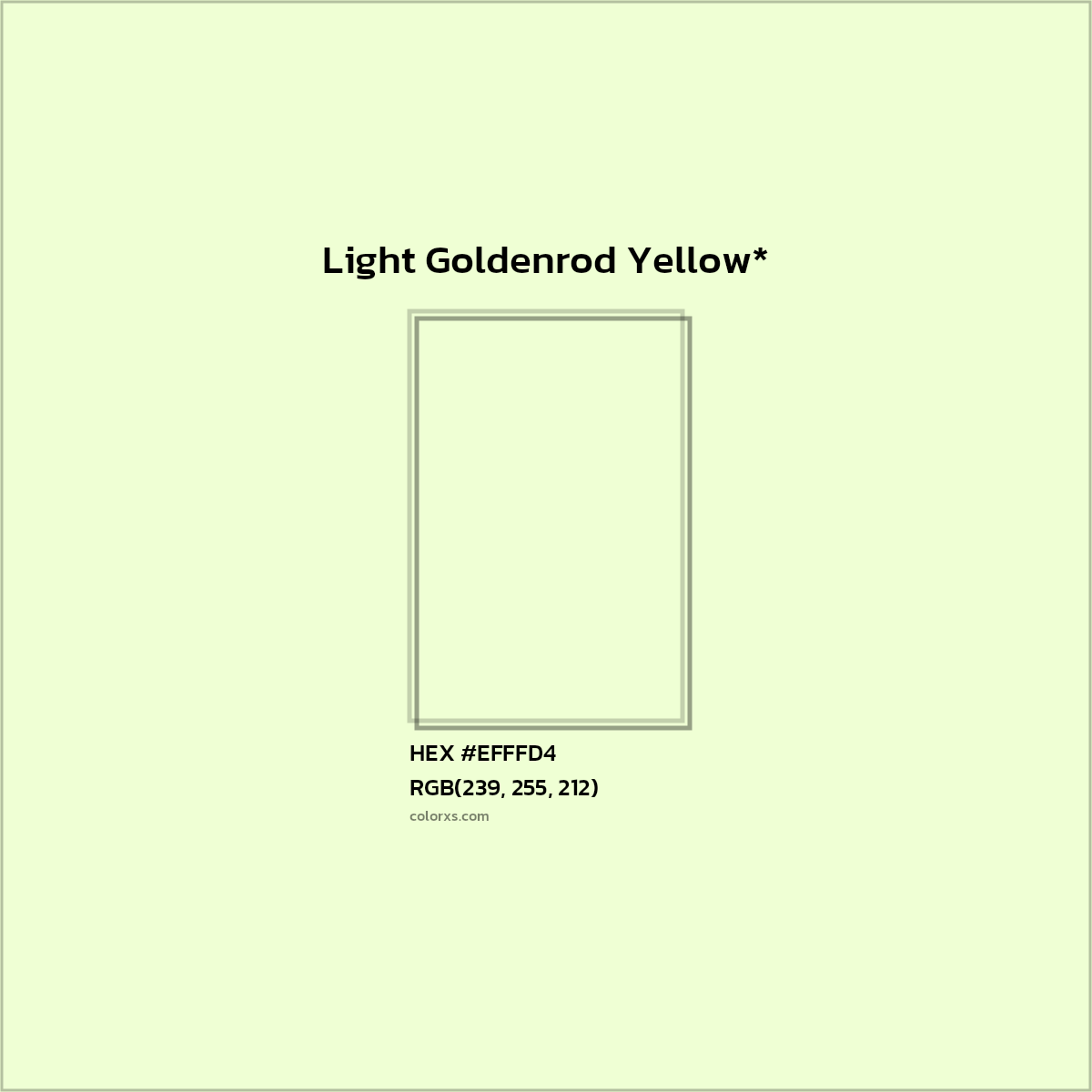 #EFFFD4 hex color. RGB, RYB, CMYK, HSL, HSV codes and color conversions. Matching color names, palettes, paints.