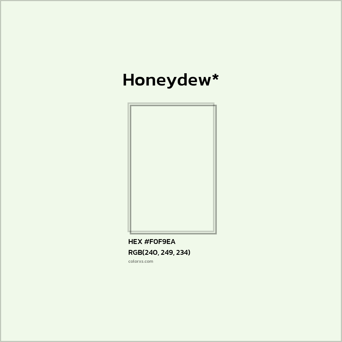 #F0F9EA hex color. RGB, RYB, CMYK, HSL, HSV codes and color conversions. Matching color names, palettes, paints.