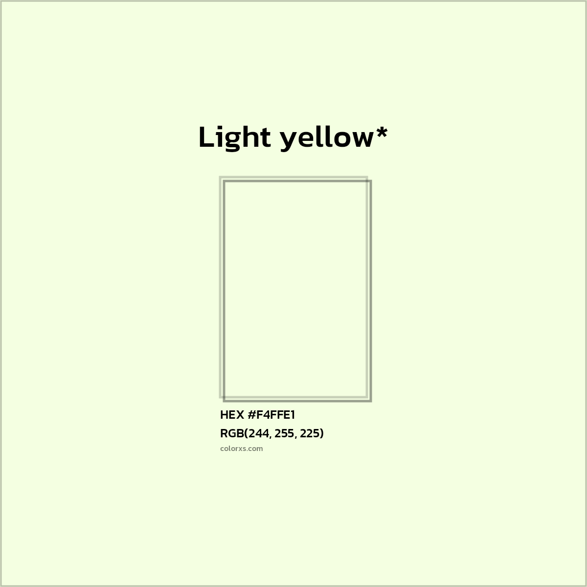 #F4FFE1 hex color. RGB, RYB, CMYK, HSL, HSV codes and color conversions. Matching color names, palettes, paints.