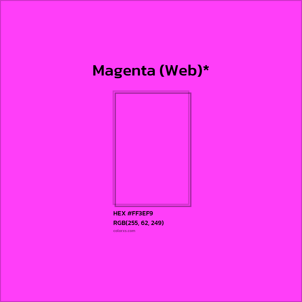 #FF3EF9 hex color. RGB, RYB, CMYK, HSL, HSV codes and color conversions. Matching color names, palettes, paints.