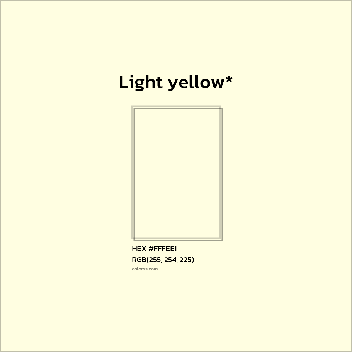 #FFFEE1 hex color. RGB, RYB, CMYK, HSL, HSV codes and color conversions. Matching color names, palettes, paints.